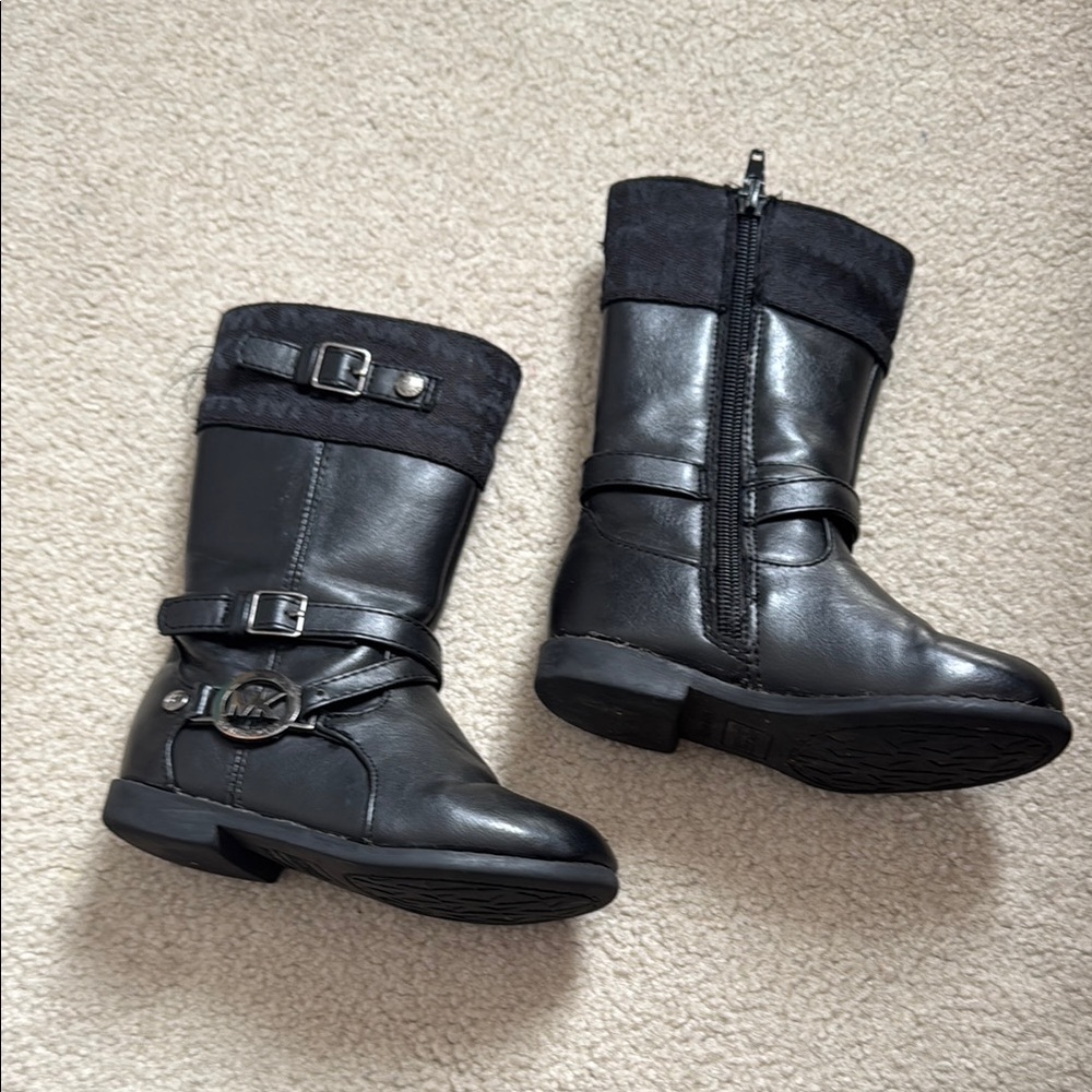 Mocha kors mk girl Black Leather Boots with Buckle Detail